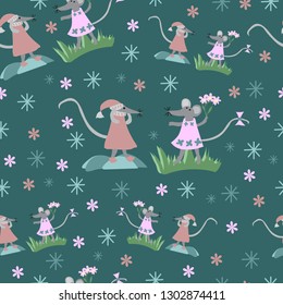 Seamless pattern of hand-drawn toy mice in summer and winter clothes for baby fabrics, printing