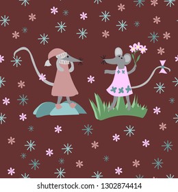 Seamless pattern of hand-drawn toy mice in summer and winter clothes for baby fabrics, printing