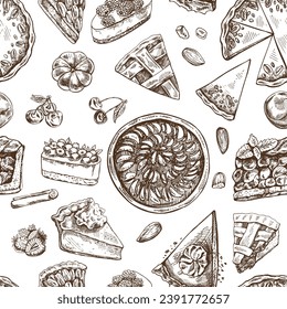 Seamless pattern of hand-drawn traditional cakes, tarts and pies in sketch style. Sweet bakery, fruit, berries. Top view. Thanksgiving, Christmas.