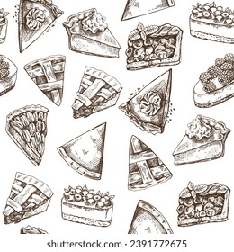 Seamless pattern of hand-drawn traditional cakes, tarts and pies in sketch style. Sweet bakery. Top view. Thanksgiving, Christmas.