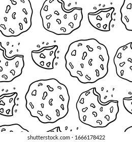 Seamless Pattern With Hand-drawn Traditional Chocolate Chip Cookies. Bitten, Broken, Cookie Crumbs. Doodle Vector Illustration. 
