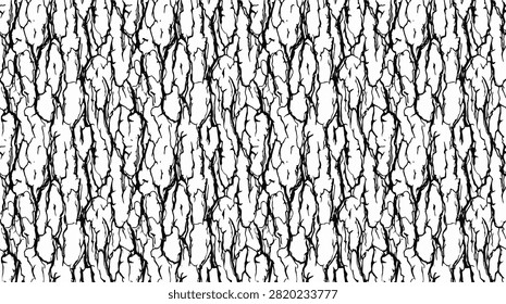 Seamless pattern of hand-drawn tree bark texture in black and white, creating a natural abstract background.
