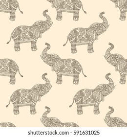 Seamless pattern with hand-drawn tribal styled elephant. Vector ethnic background, zentangle