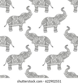 Seamless pattern with hand-drawn tribal styled elephant. Vector ethnic background, zentangle