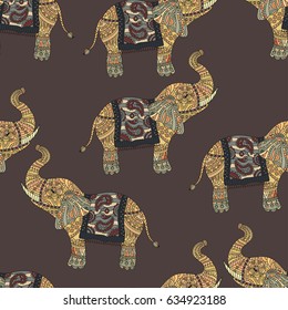 Seamless pattern with hand-drawn tribal styled elephant. Vector ethnic background, zentangle