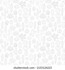 Seamless pattern of hand-drawn tropical cactus silhouette. Summer scandinavian exotic Vector illustration of cacti for child, print, typography, nursery, baby, home, background, textile