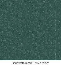 Patrón sin foco de la silueta de cactus tropical dibujada a mano sobre el fondo verde oscuro. Escándalo veraniego exótico Vector ilustración de cactus para niños, impresos, tipografía, bebé, hogar, textil