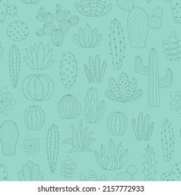 Seamless pattern of hand-drawn tropical cactus silhouette on the green background. Summer scandinavian exotic Vector illustration of cacti for child, print, typography, nursery, baby, home, textile
