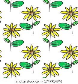 Patrón sin foco de hojas florales tropicales dibujadas a mano y doodle de flores solares amarillas. arte de línea o decoración botánica de contorno. papel pintado, fondo y uso textil. Fondo blanco