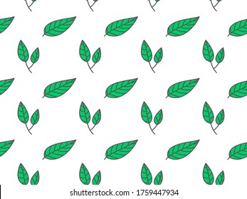 Seamless pattern of hand-drawn tropical floral green leaves doodle. line art or outline botanical decoration. White background