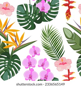 Seamless pattern of hand-drawn tropical flowers and leaves. Vector botanical illustration.