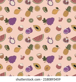 Seamless pattern with hand-drawn tropical fruits. Grapes, watermelon, dragon fruit and others.
