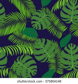 Seamless pattern with hand-drawn tropical leaves