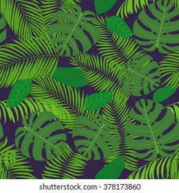 Seamless pattern with hand-drawn tropical leaves