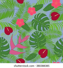 Seamless pattern with hand-drawn tropical leaves and flowers. Serenity background