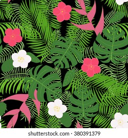 Seamless pattern with hand-drawn tropical leaves and flowers
