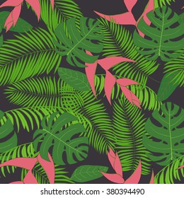 Seamless pattern with hand-drawn tropical leaves