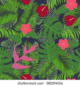 Seamless pattern with hand-drawn tropical leaves and flowers