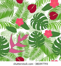 Seamless pattern with hand-drawn tropical leaves and flowers