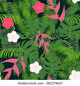 Seamless pattern with hand-drawn tropical leaves and flowers