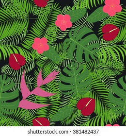 Seamless pattern with hand-drawn tropical leaves and flowers