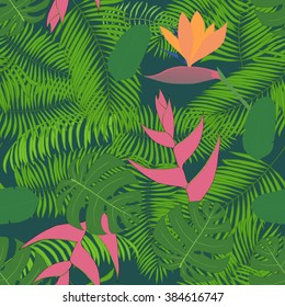 Seamless pattern with hand-drawn tropical leaves