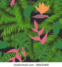 Seamless pattern with hand-drawn tropical leaves