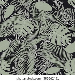 Seamless pattern with hand-drawn tropical leaves. 