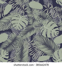Seamless pattern with hand-drawn tropical leaves. Reflecting Pond background