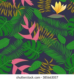 Seamless pattern with hand-drawn tropical leaves. Reflecting Pond background