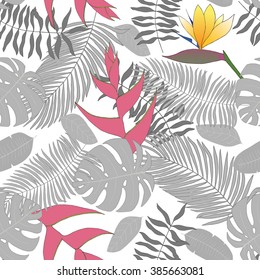 Seamless pattern with hand-drawn tropical leaves