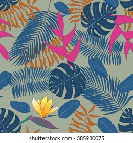 Seamless pattern with hand-drawn tropical leaves. Desert Sage background