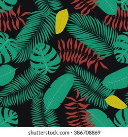 Seamless pattern with hand-drawn tropical leaves
