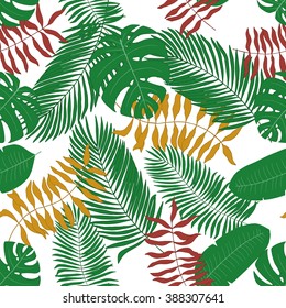 Seamless pattern with hand-drawn tropical leaves