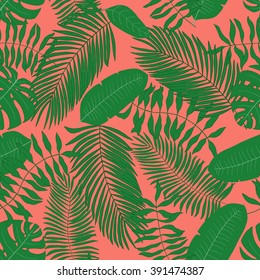 Seamless Pattern With Hand-drawn Tropical Leaves. Peach Echo Background