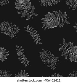 Seamless pattern with hand-drawn tropical leaves. Black backgrounds