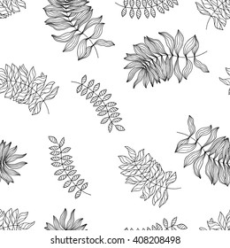 Seamless pattern with hand-drawn tropical leaves
