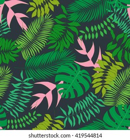 Seamless pattern with hand-drawn tropical leaves