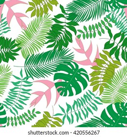 Seamless pattern with hand-drawn tropical leaves