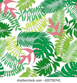 Seamless pattern with hand-drawn tropical leaves. No background