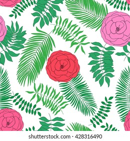 Seamless pattern with hand-drawn tropical leaves and roses