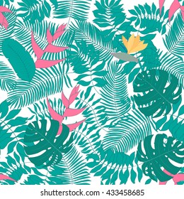 Seamless pattern with hand-drawn tropical leaves. No background