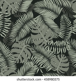Seamless pattern with hand-drawn tropical leaves