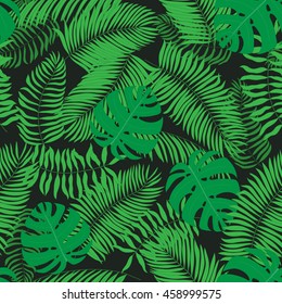 Seamless pattern with hand-drawn tropical leaves