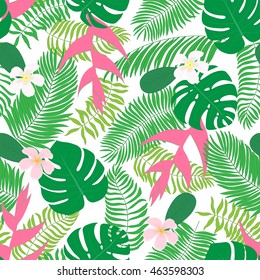 Seamless pattern with hand-drawn tropical leaves and flowers