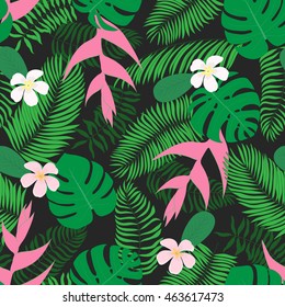 Seamless pattern with hand-drawn tropical leaves and flowers