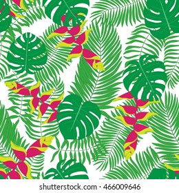 Seamless pattern with hand-drawn tropical leaves and flowers