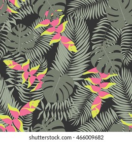 Seamless pattern with hand-drawn tropical leaves and flowers