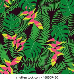 Seamless pattern with hand-drawn tropical leaves and flowers