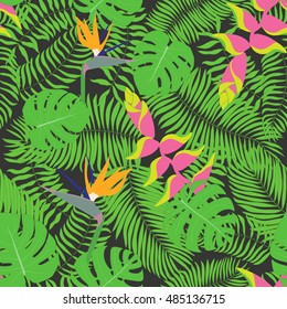 Seamless pattern with hand-drawn tropical leaves and flowers